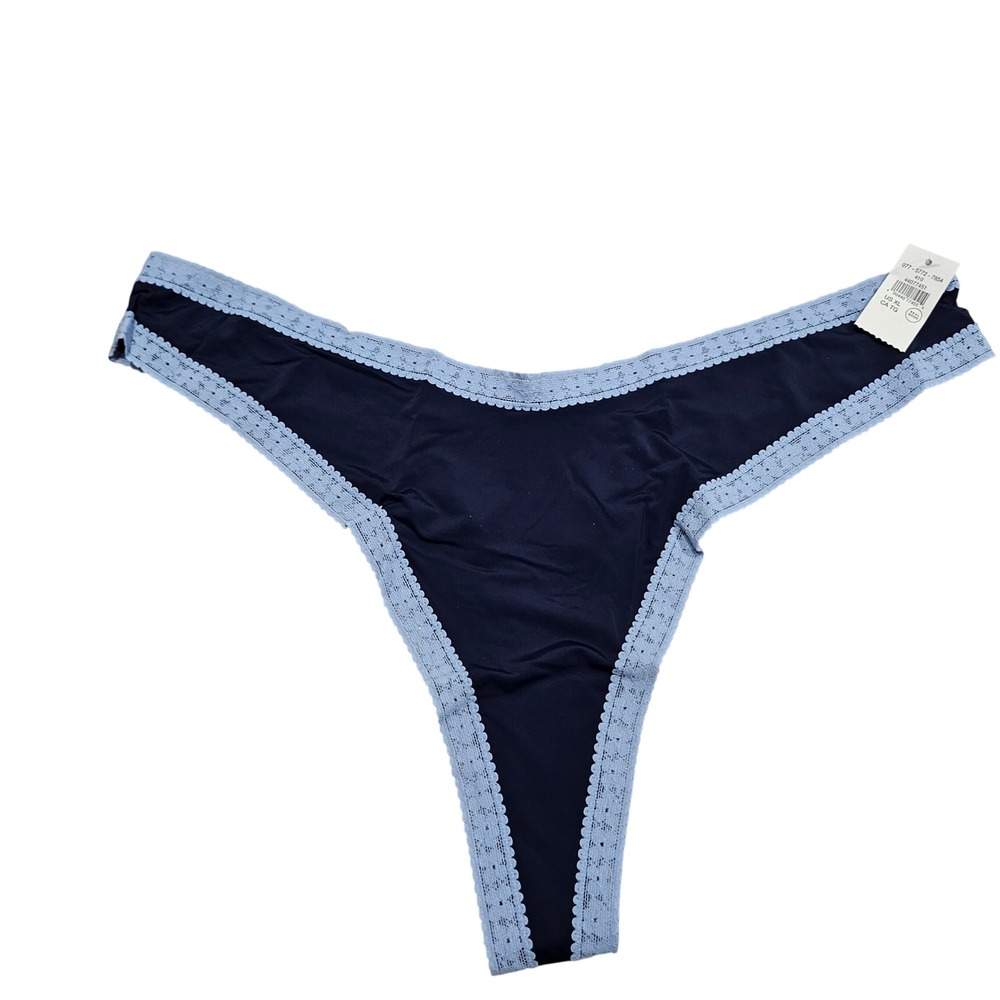 Aerie Thong Underwear Women XL Navy Blue Lace Trim Real Me Low Rise Intimates
